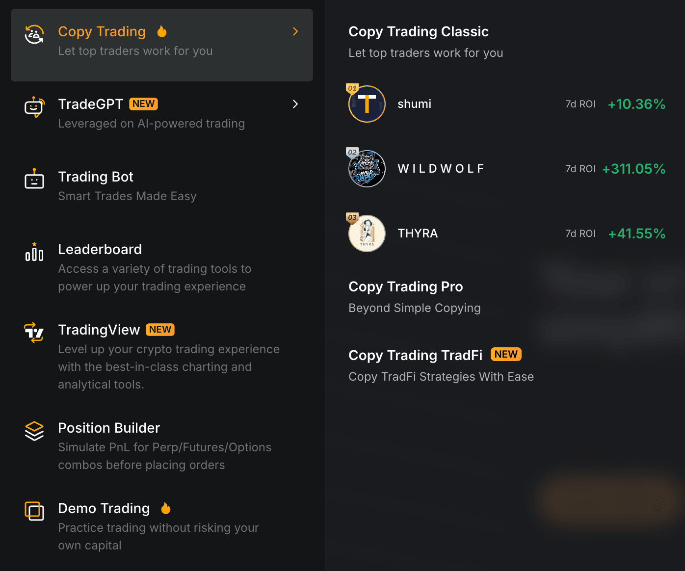 Bybit Tools menu with Copy Trading selected, previewing top Copy Trading traders ranked by 7-day ROI (shumi, WILDWOLF, THYRA)