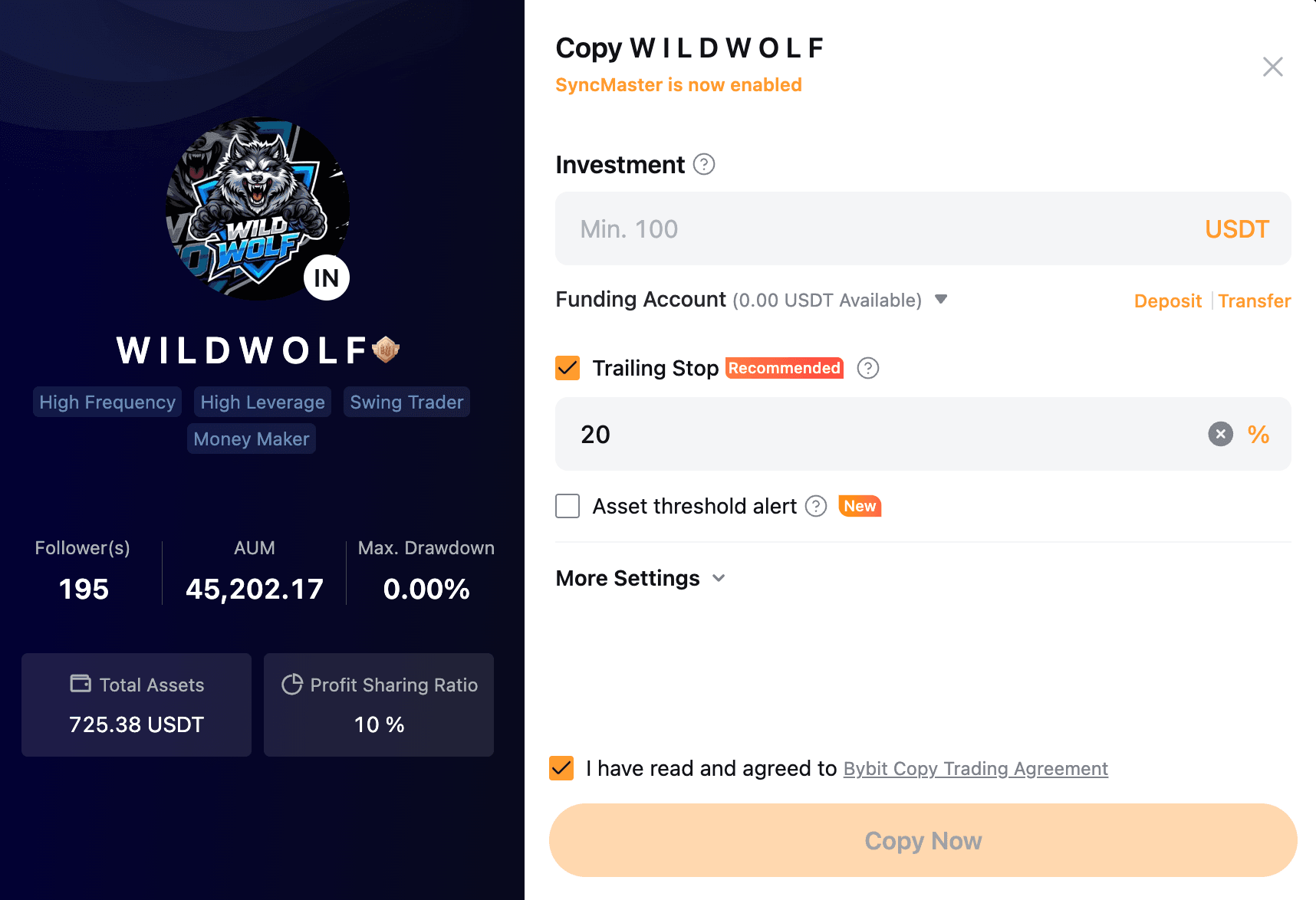 Bybit Copy Trading 'Copy WILDWOLF' settings modal: an Investment field (min 100 USDT), a funding account with 0 USDT available, a Trailing Stop set to 20%, an asset threshold alert option, and a Copy Now button.