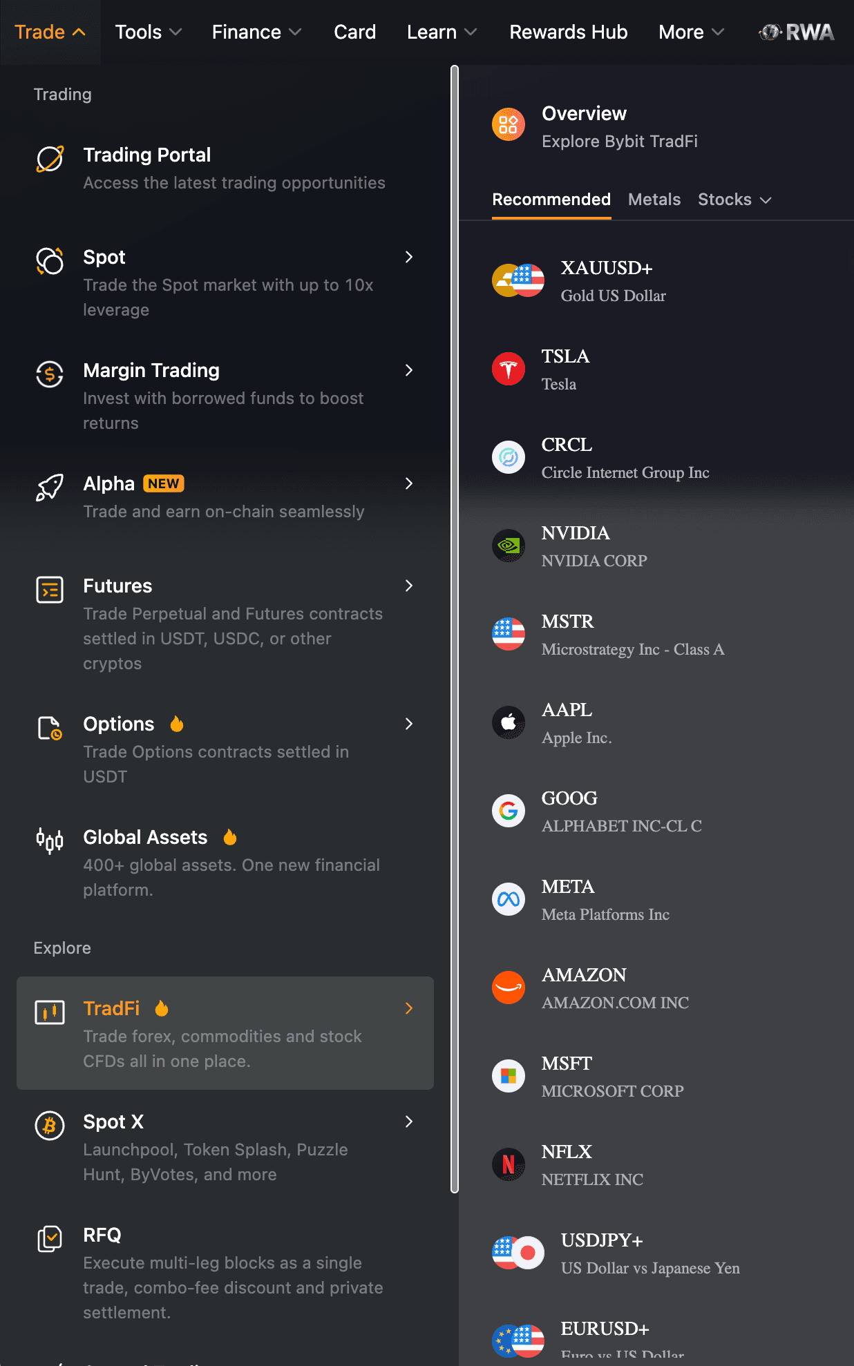 Bybit Trade menu with TradFi highlighted under Explore, and the TradFi asset list showing forex (XAUUSD+, EURUSD+, USDJPY+) and US-stock CFDs (TSLA, NVIDIA, AAPL, GOOG, META, AMAZON, MSFT).