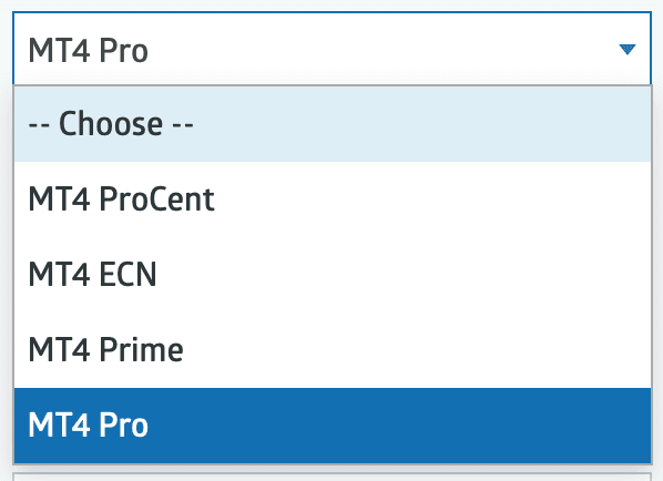 RoboForex account-type dropdown showing MT4 ProCent, MT4 ECN, MT4 Prime and MT4 Pro.