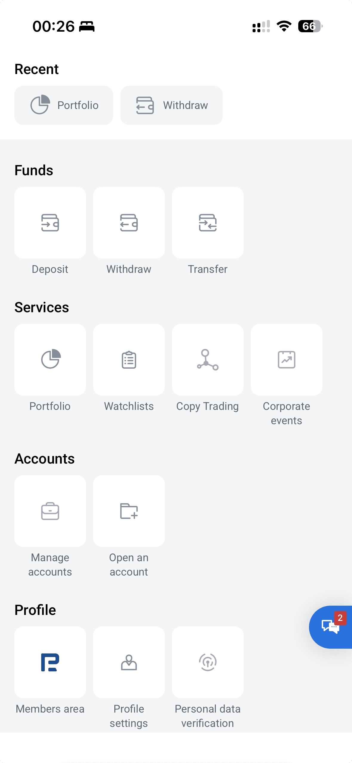 RoboForex mobile app hub: Funds (Deposit, Withdraw, Transfer), Services (Portfolio, Watchlists, Copy Trading, Corporate events), Accounts (Manage accounts, Open an account) and Profile (Members area, Profile settings, Personal data verification).