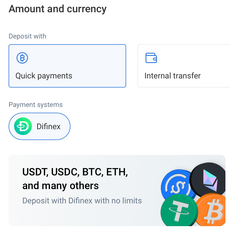 RoboForex deposit screen: 'Deposit with' options Quick payments and Internal transfer, a Difinex payment system, and a banner 'USDT, USDC, BTC, ETH and many others — deposit with Difinex with no limits'.