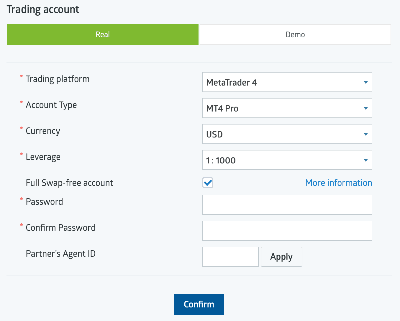 RoboForex real trading-account form: Trading platform MetaTrader 4, Account Type MT4 Pro, Currency USD, Leverage 1:1000, a checked Full Swap-free account option, password fields, Partner's Agent ID, and a Confirm button.
