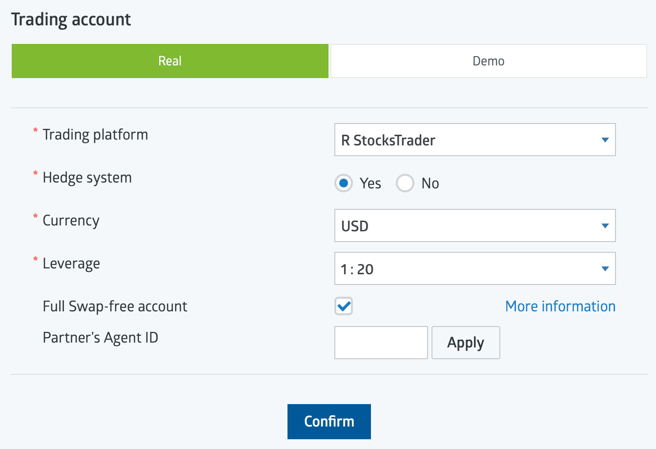 RoboForex account form with Trading platform set to R StocksTrader: Hedge system Yes, Currency USD, Leverage 1:20, Full Swap-free account checked, Partner's Agent ID, and a Confirm button.